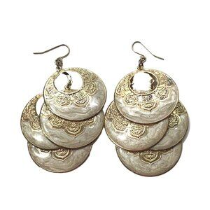 Vintage Gold-Tone Multi-Layer Circular Medallion Dangle Earrings With Intricate